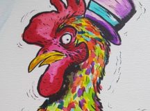 A colourful chicken wearing a top hat. Illustrated by Joe Frank.