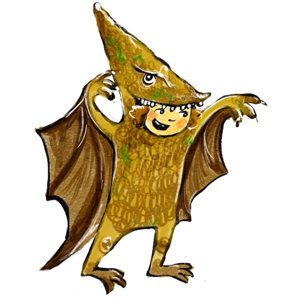 Illustration of a kid in a dinosaur costume by Peggy Collins
