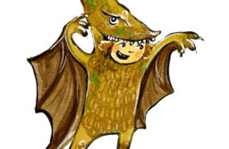 Illustration of a kid in a dinosaur costume by Peggy Collins