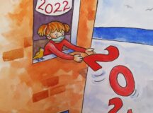 illustration by Michele Nidenoff of a girl throwing 2021 out the window to welcome 2022
