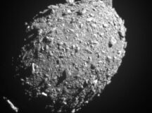 Black and white image of the asteroid Dimorphos.