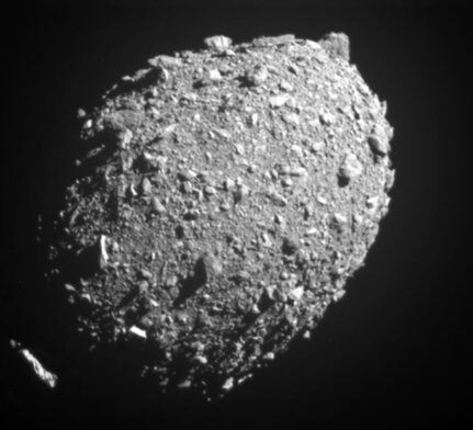 Black and white image of the asteroid Dimorphos.
