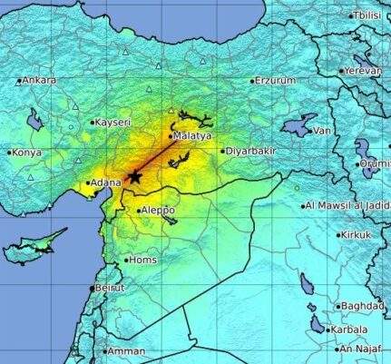 Map showing part of the middle east where an earthquake happened