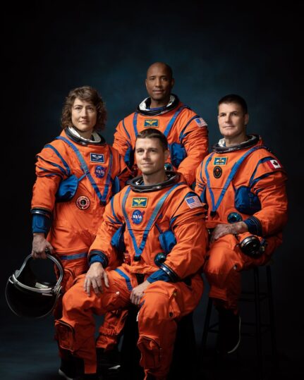 NASA photo of the Artemis II crew: Reid Wiseman, Victor Glover, Christina Hammock Koch and Jeremy Hansen