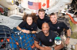 The Artemis II crew – (clockwise from left) Mission Specialist Christina Koch, Mission Specialist Jeremy Hansen, Commander Reid Wiseman, and Pilot Victor Glover as well as "Rise" the stuffie that indicates they are in zero gravity