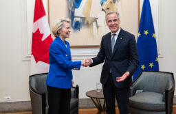 2025 photo of Ursula von der Leyen, President of the European Commission, shaking hands with Canadian prime minister Mark Carney.